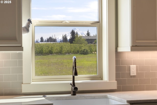 kitchen view of backsplash, light countertops, and a sink