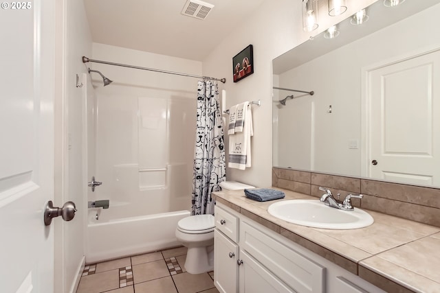 full bathroom with tile patterned floors, backsplash, toilet, shower / bath combo with shower curtain, and vanity