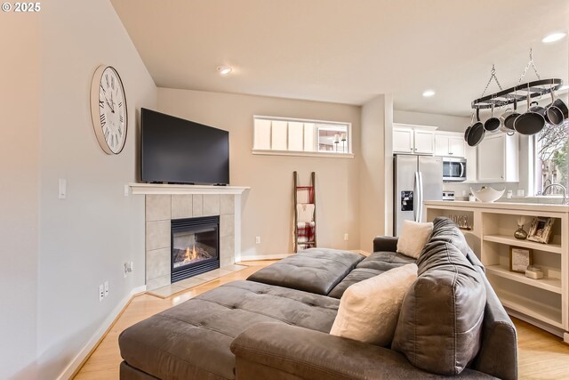 living room featuring light wood-type flooring and a fireplace