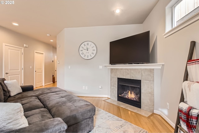 living room featuring a fireplace and light hardwood / wood-style flooring