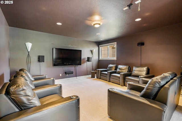 living area featuring baseboards, recessed lighting, carpet, and a textured ceiling