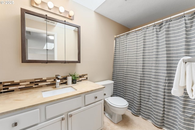 bathroom featuring tile patterned floors, visible vents, toilet, tasteful backsplash, and vanity