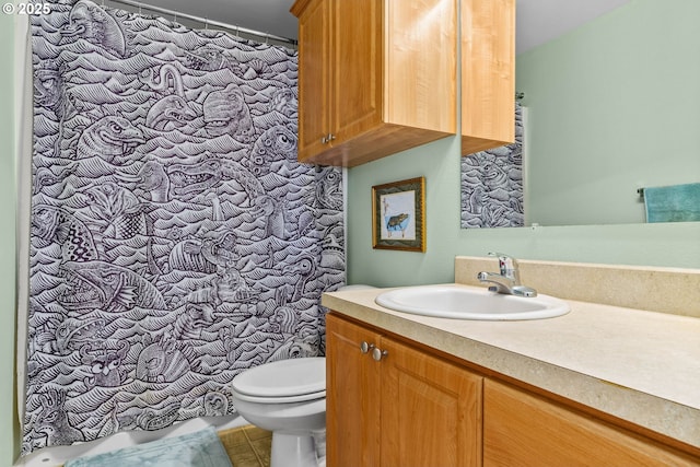 34637 E Knox Butte Rd, Albany, OR 97322 - bathroom with vanity, toilet, tile patterned floors, and a shower with shower curtain