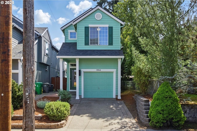 view of front of home featuring a shingled roof, concrete driveway, an attached garage, fence, and central AC