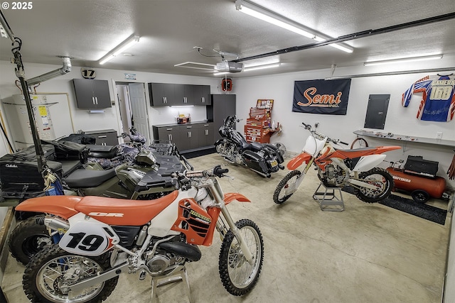 garage with water heater, electric panel, stainless steel fridge, and a garage door opener