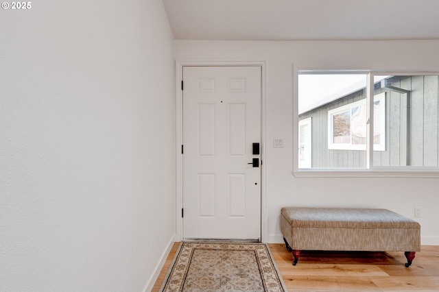 doorway to outside featuring baseboards and wood finished floors