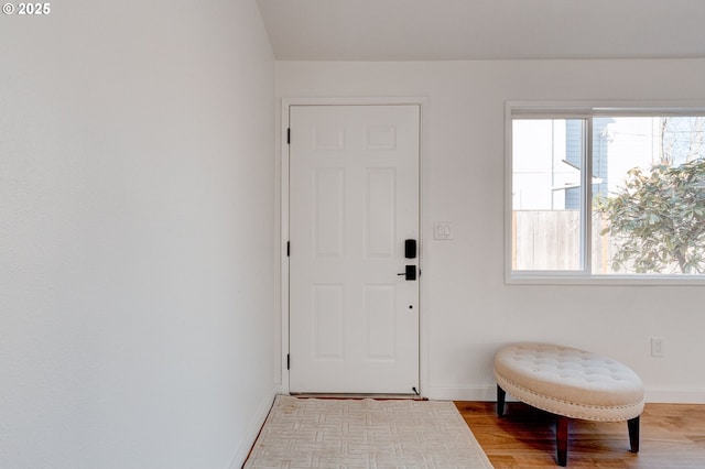 foyer entrance with light wood-type flooring, baseboards, and a wealth of natural light