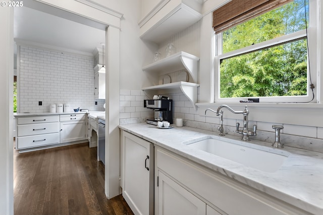2225 NE 22nd Ave, Portland, OR 97212 - kitchen with white cabinets, decorative backsplash, dark wood finished floors, and light stone counters