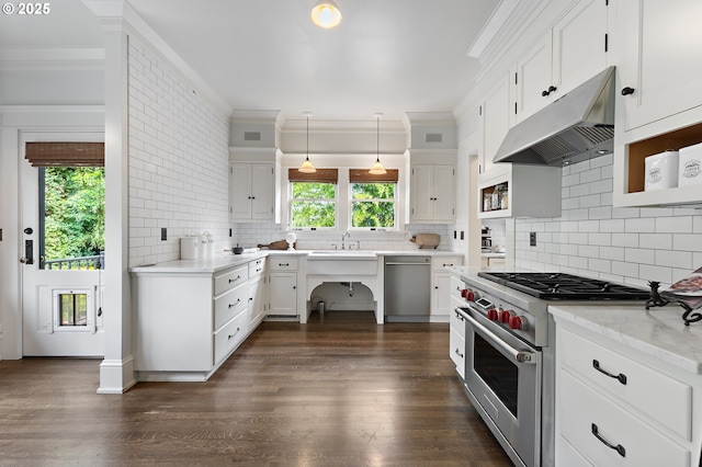 2225 NE 22nd Ave, Portland, OR 97212 - kitchen with appliances with stainless steel finishes, under cabinet range hood, decorative backsplash, crown molding, and white cabinetry