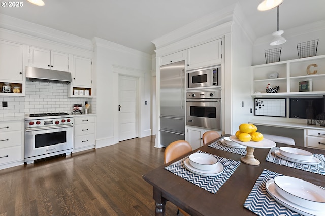 2225 NE 22nd Ave, Portland, OR 97212 - kitchen featuring built in appliances, under cabinet range hood, open shelves, ornamental molding, and light countertops