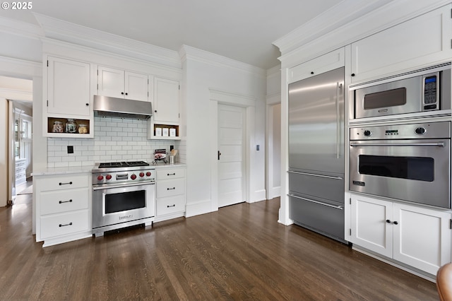 2225 NE 22nd Ave, Portland, OR 97212 - kitchen with built in appliances, under cabinet range hood, dark wood-type flooring, decorative backsplash, and white cabinetry