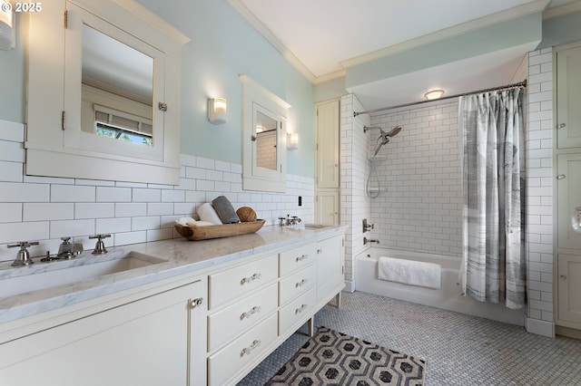 2225 NE 22nd Ave, Portland, OR 97212 - bathroom featuring shower / bathtub combination with curtain, double vanity, ornamental molding, and tile patterned floors