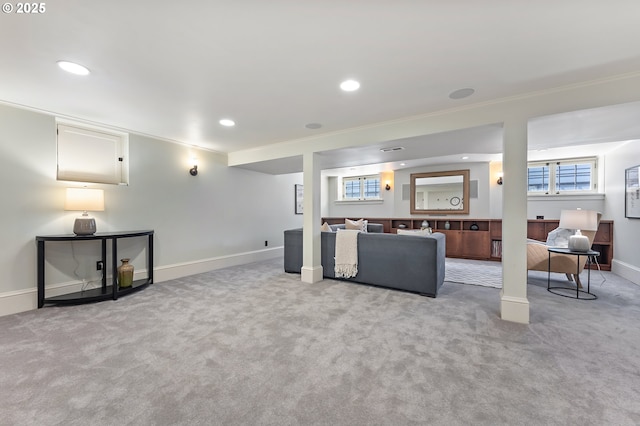 2225 NE 22nd Ave, Portland, OR 97212 - living area featuring carpet floors, recessed lighting, and ornamental molding