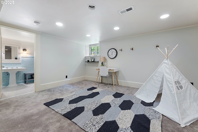 2225 NE 22nd Ave, Portland, OR 97212 - playroom with carpet floors, recessed lighting, and crown molding