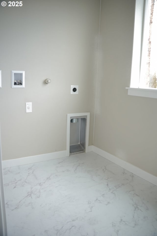 laundry room with marble finish floor, baseboards, washer hookup, and hookup for an electric dryer