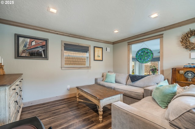 128 NW 20th Ave, Rockaway Beach, OR 97136 - living area with dark wood-style floors, ornamental molding, baseboards, and recessed lighting