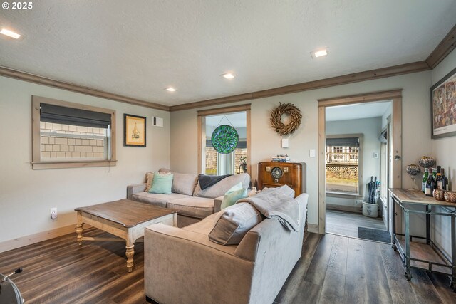 128 NW 20th Ave, Rockaway Beach, OR 97136 - living room featuring dark wood-type flooring, crown molding, healthy amount of natural light, and recessed lighting