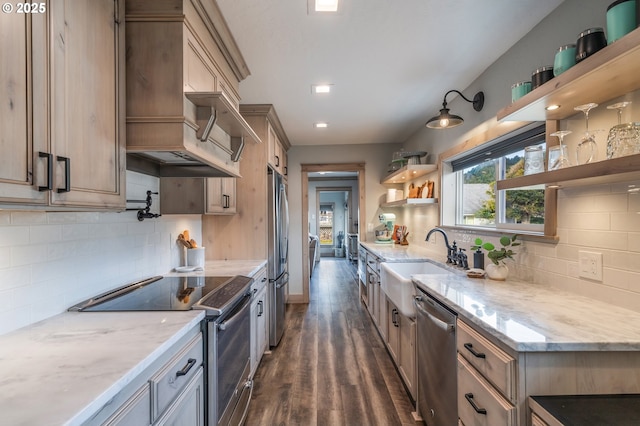 128 NW 20th Ave, Rockaway Beach, OR 97136 - kitchen with open shelves, appliances with stainless steel finishes, a sink, dark wood-style floors, and custom range hood