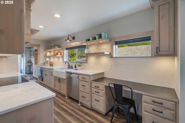 128 NW 20th Ave, Rockaway Beach, OR 97136 - kitchen with stainless steel dishwasher, a sink, dark wood-type flooring, backsplash, and open shelves