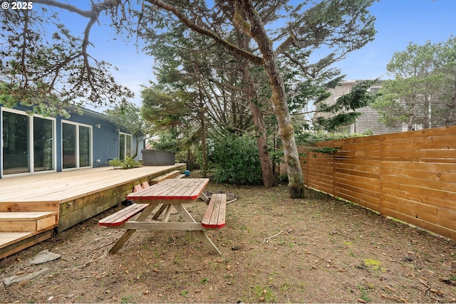 view of yard featuring a deck and a fenced backyard