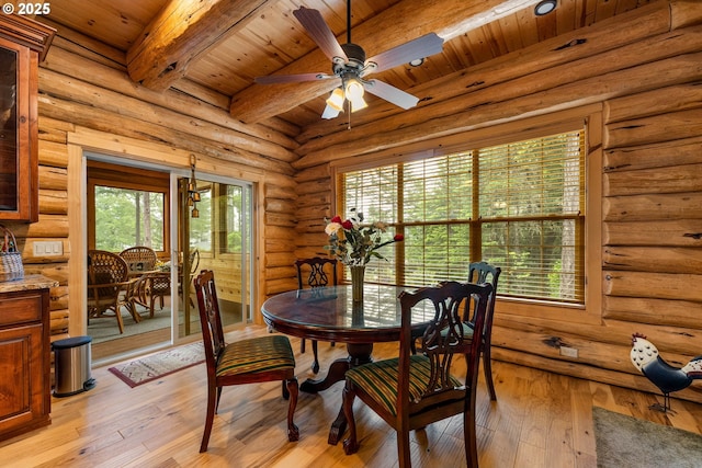 400 Rockinghorse Dr, Grants Pass, OR 97527 - dining room with wooden ceiling, beam ceiling, light wood-style flooring, a ceiling fan, and log walls