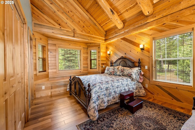400 Rockinghorse Dr, Grants Pass, OR 97527 - bedroom with wooden ceiling, wooden walls, and wood-type flooring