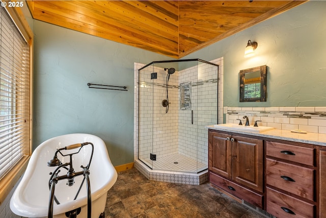 400 Rockinghorse Dr, Grants Pass, OR 97527 - bathroom featuring a stall shower, wooden ceiling, vanity, and a soaking tub