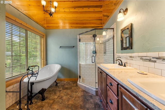 400 Rockinghorse Dr, Grants Pass, OR 97527 - full bath featuring wood ceiling, a shower stall, a soaking tub, double vanity, and vaulted ceiling
