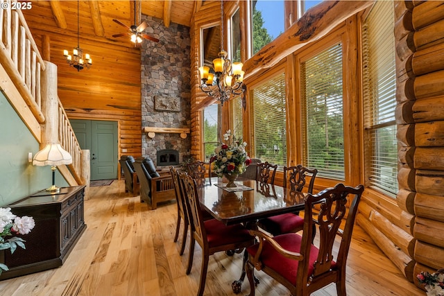 400 Rockinghorse Dr, Grants Pass, OR 97527 - dining space with a chandelier, high vaulted ceiling, wood ceiling, light wood finished floors, and log walls