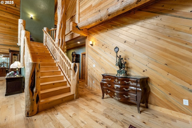 400 Rockinghorse Dr, Grants Pass, OR 97527 - stairs featuring wood-type flooring and wood walls