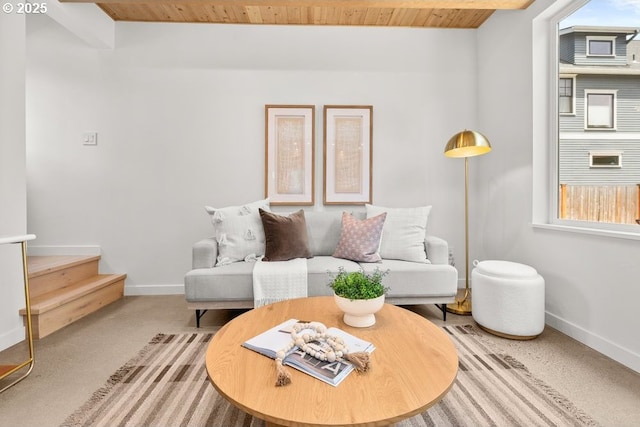 2415 NE 38th Ave Unit B, Portland, OR 97212 - living room with a wood ceiling with exposed beams and stairs