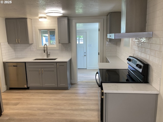 91213 N Harrison St, Eugene, OR 97408 - kitchen featuring stainless steel appliances, gray cabinets, a sink, wall chimney exhaust hood, and tasteful backsplash