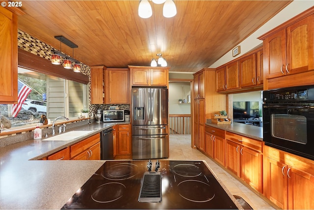 kitchen with brown cabinetry, wooden ceiling, a sink, and black appliances