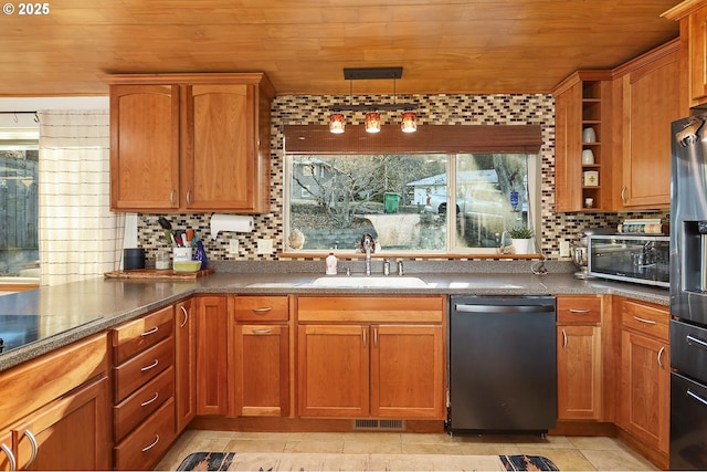 kitchen with tasteful backsplash, wood ceiling, a sink, stainless steel fridge, and dishwashing machine