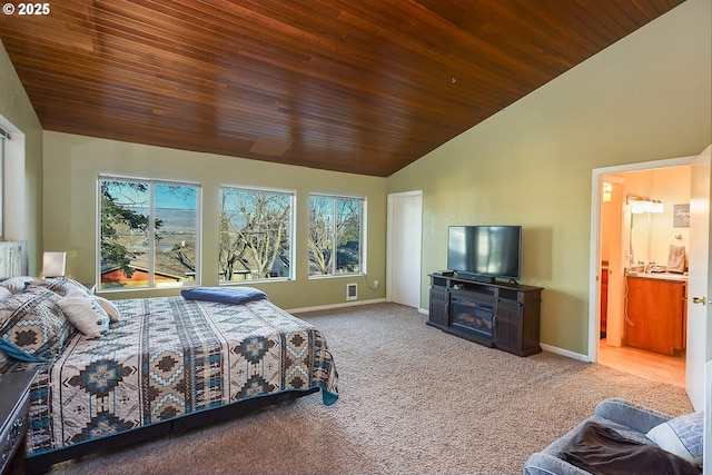 bedroom featuring wood ceiling, carpet flooring, a fireplace, and baseboards