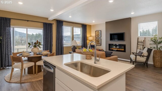 9336 SE Middleton St, Happy Valley, OR 97086 - kitchen with a sink, stainless steel dishwasher, open floor plan, a fireplace, and light countertops