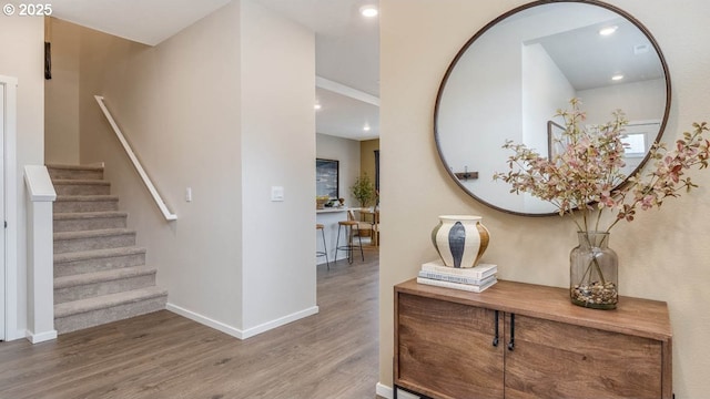 9336 SE Middleton St, Happy Valley, OR 97086 - stairs featuring wood finished floors, baseboards, and recessed lighting