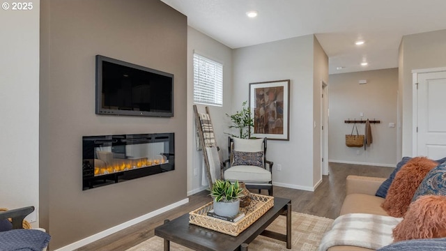9336 SE Middleton St, Happy Valley, OR 97086 - living room with wood finished floors, recessed lighting, a glass covered fireplace, and baseboards