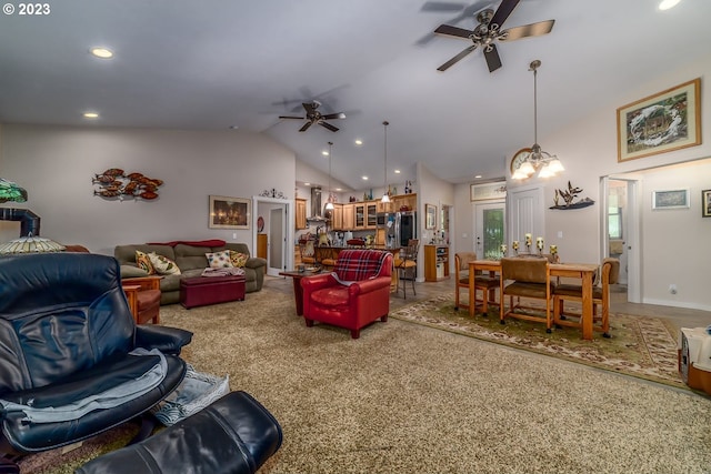 48482 E Meadow Way, Oakridge, OR 97463 - carpeted living room featuring a ceiling fan, high vaulted ceiling, and recessed lighting
