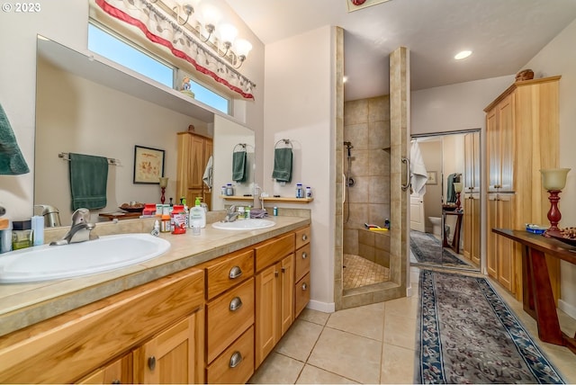 48482 E Meadow Way, Oakridge, OR 97463 - bathroom featuring double vanity, tiled shower, and tile patterned flooring