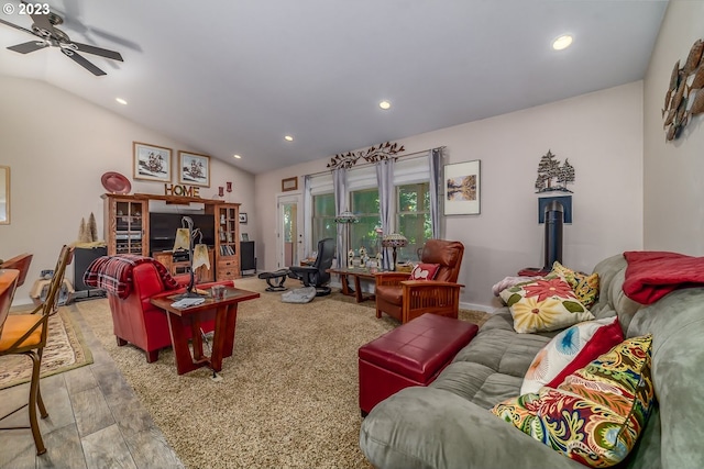 48482 E Meadow Way, Oakridge, OR 97463 - living area with vaulted ceiling, recessed lighting, and a ceiling fan