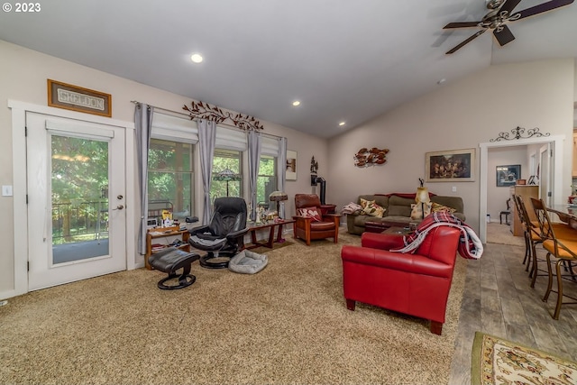 48482 E Meadow Way, Oakridge, OR 97463 - living area featuring vaulted ceiling, a ceiling fan, recessed lighting, and wood finished floors