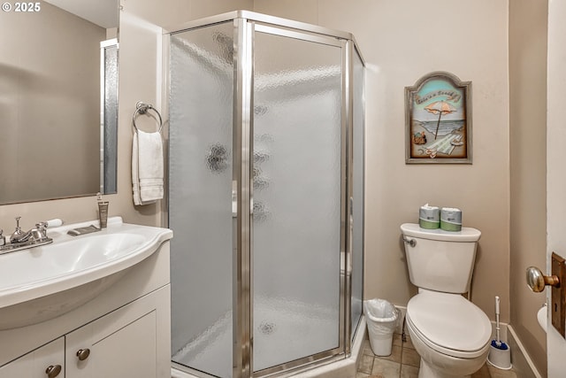 bathroom featuring vanity, a shower with shower door, tile patterned floors, and toilet