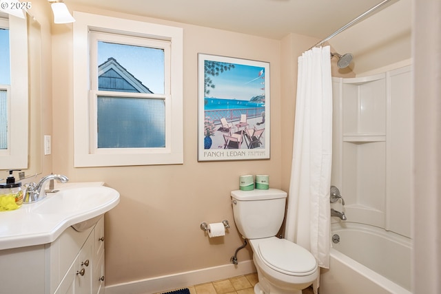 full bathroom with vanity, toilet, and shower / tub combo with curtain