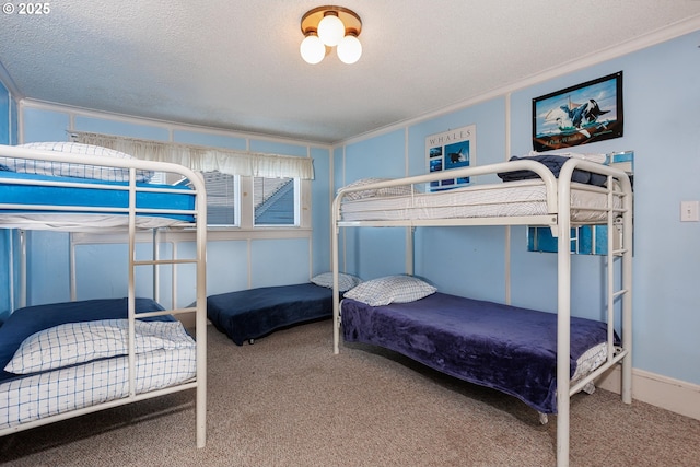 carpeted bedroom with a textured ceiling