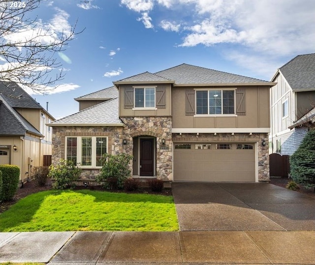 view of front of property with a garage, concrete driveway, stone siding, stucco siding, and a front yard