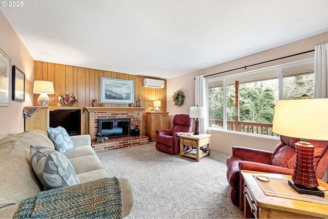 29806 Lusk Rd, Eugene, OR 97405 - living room with a wall unit AC, carpet, a textured ceiling, wood walls, and a fireplace