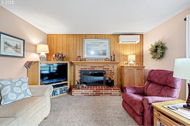 29806 Lusk Rd, Eugene, OR 97405 - living area with a wall mounted air conditioner, carpet flooring, a fireplace, wood walls, and a textured ceiling