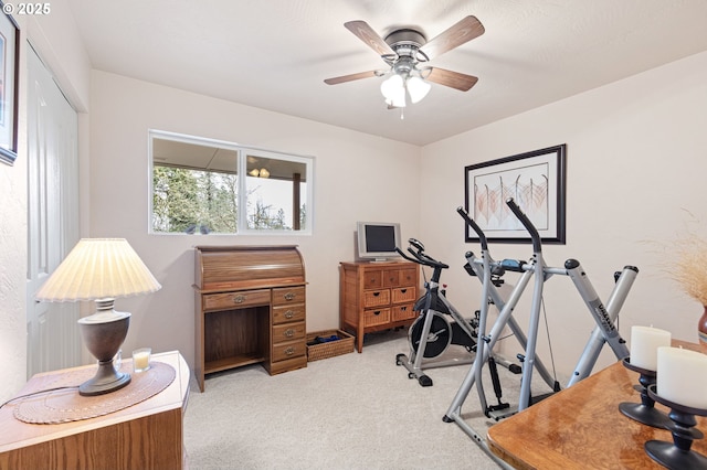 29806 Lusk Rd, Eugene, OR 97405 - workout room with light colored carpet and a ceiling fan