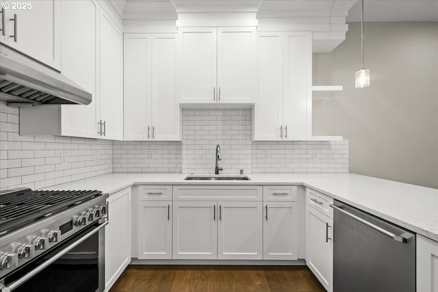 3825 NW 74th Ave Unit 59, Camas, WA 98607 - kitchen with appliances with stainless steel finishes, a sink, under cabinet range hood, open shelves, and white cabinetry
